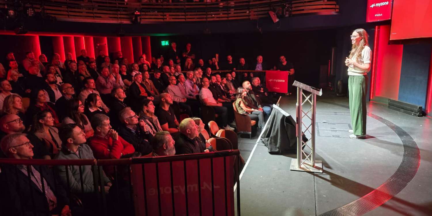 Dr Heather McKee on stage at Myzone's MoTech launch event